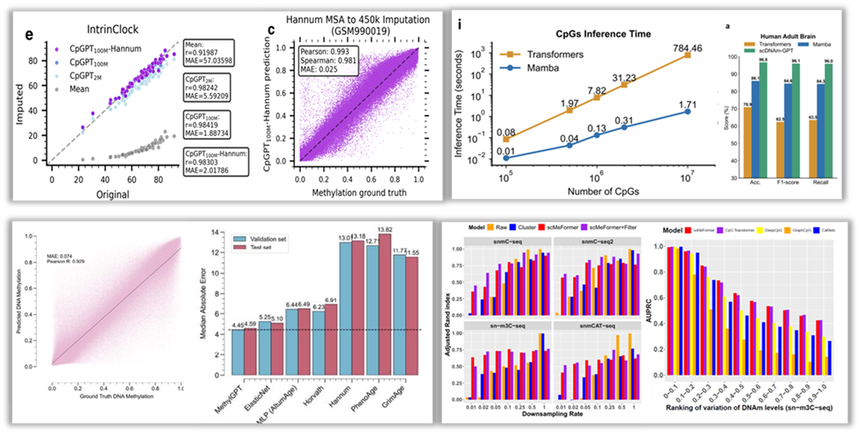 Multi-panel figure showing benchmarks from various models