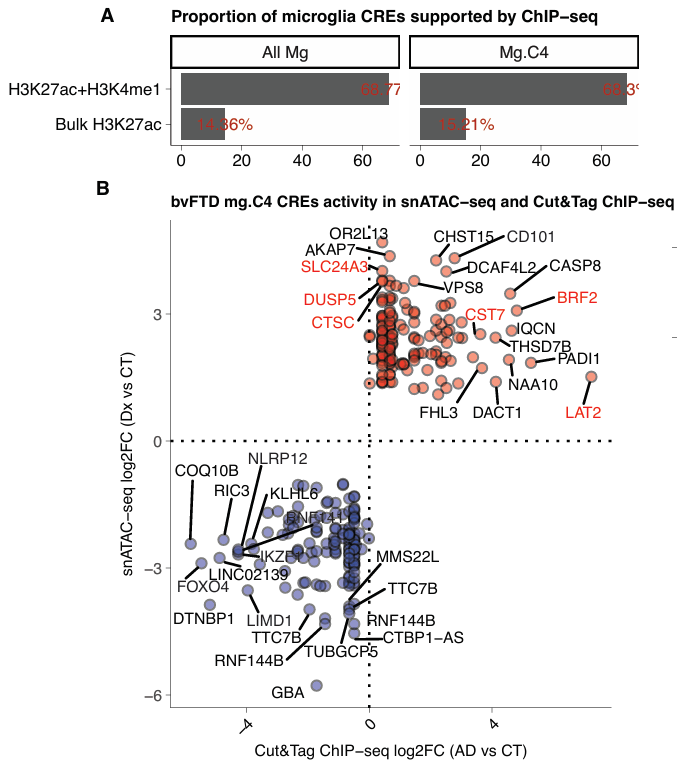 Two-panel figure showing high correspondence of microglia ATAC cCRE and single-cell microglia active marks